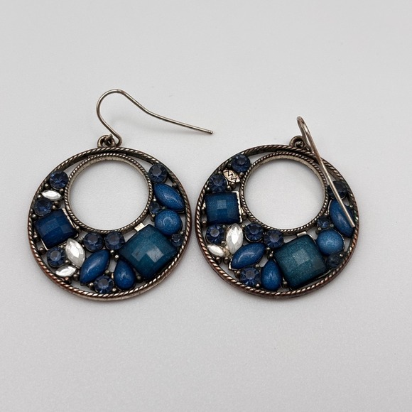 The Unbranded Brand Jewelry - Vintage 90s Bronze Tone Open Hoop Dangle Earrings Multi Blue Rhinestone Jewelry